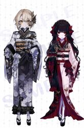  2girls alternate_costume black_hair black_sandals blonde_hair braid bug butterfly butterfly_hair_ornament closed_mouth curtained_hair diamond_hair_ornament dress frilled_dress frilled_kimono frilled_kimono_collar frilled_sleeves frills full_body furisode gloves hair_ornament hasumi_leia highres japanese_clothes kimono long_hair looking_at_viewer mahou_shoujo_no_inshuu_mura mahou_shoujo_no_majo_saiban multiple_girls nikaido_hiro obi parted_bangs platform_sandals red_butterfly red_eyes sample_watermark sandals sash short_hair side_capelet simple_background smile socks soni32303850 straight-on two-tone_kimono watermark white_background white_gloves white_kimono white_socks wide_sleeves yellow_eyes 