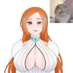  1girl bleach bleach:_sennen_kessen-hen blush breasts brown_eyes cat cleavage_cutout clothing_cutout collar commentary cropped_shirt detached_sleeves english_commentary green_collar hair_ornament highres huge_breasts inoue_orihime orange_hair parted_bangs shiny_skin shirt striped_clothes striped_shirt tongue tongue_out vertical-striped_clothes vertical-striped_shirt white_background white_shirt zrozelia 