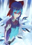  38_(sanjuuhachi) bangs black_footwear blue_dress blue_hair blurry bow bright_pupils cirno collared_shirt dress eyebrows_visible_through_hair fairy from_above full_body hair_between_eyes hair_bow highres ice ice_wings looking_to_the_side open_mouth orange_eyes red_bow red_neckwear shaded_face shirt short_hair solo standing touhou v-shaped_eyebrows white_legwear white_shirt wings 