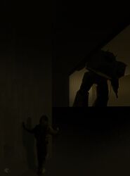  arm_cannon backrooms_(creepypasta) cable cardboard_cutout cheesy_cryptid dark english_commentary highres horror_(theme) indoors mecha mecha_focus no_humans one-eyed one-eyed_mecha orange_eyes robot science_fiction shadow shockwave_(transformers) transformers transformers:_generation_1 weapon 
