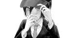  1boy blush collared_shirt commentary_request dangan_ronpa greyscale hair_between_eyes hands_up hat jacket kunguojiang long_sleeves looking_down male_focus monochrome necktie new_dangan_ronpa_v3 portrait saihara_shuuichi shirt short_hair solo sweat 