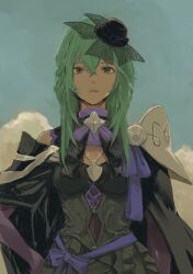  1girl armor black_cape blue_sky bow breasts cape closed_mouth clouds commentary_request crossed_bangs dress expressionless fascinator fire_emblem fire_emblem:_fortune's_weave green_eyes green_hair hair_between_eyes hand_on_own_hip hat hat_bow highres long_sleeves looking_at_viewer medium_breasts mini_hat ninae_(fire_emblem) nutori_manga outdoors short_hair_with_long_locks shoulder_armor sky solo 