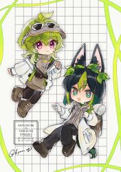  1boy 1girl animal_ear_fluff animal_ears backpack bag black_hair black_pants black_pantyhose boots brown_boots chibi chibi_only coat collei_(genshin_impact) collei_(kiehls')_(genshin_impact) commentary_request eyewear_on_head fingerless_gloves fox_boy fox_ears fox_tail genshin_impact gloves green_eyes green_hair grey_gloves hair_between_eyes highres jacket leaf long_sleeves mugi_(kyom_ugi) multicolored_hair open_clothes open_coat open_jacket open_mouth pants pantyhose pink_eyes shroomboar_(genshin_impact) simple_background tail tighnari_(genshin_impact) tighnari_(kiehls')_(genshin_impact) twitter_username visor_cap white_coat white_gloves white_jacket 