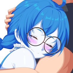  1boy 1girl absurdres blue_hair blush braid braided_twintails choker closed_eyes colored_skin frilled_choker frills glasses grey_skin highres hug nogame_kun round_eyewear smile socks_agency twin_braids virtual_youtuber yomi_quinnley 