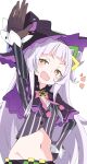  1girl :d arm_up black_gloves black_headwear blush gloves hand_on_hip hat hololive ixy long_hair midriff murasaki_shion navel open_mouth orange_eyes simple_background smile solo striped vertical_stripes virtual_youtuber white_background white_hair witch_hat 
