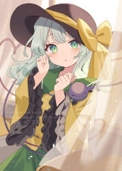  1girl black_hat bow buttons collared_shirt commentary_request curtains diamond_button disembodied_linked_eye eyeball frilled_shirt_collar frilled_sleeves frills green_eyes green_hair green_skirt hat hat_bow heart heart_of_string highres kamachi_(kamati0maru) koishi_day komeiji_koishi long_hair long_sleeves shirt skirt solo touhou watermark wide_sleeves yellow_bow yellow_shirt 