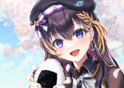  1girl :d anchor_earrings beret black_hair black_hat blonde_streaks blue_eyes blue_sky blurry blurry_background bow bowtie braid cherry_blossoms collared_dress commentary_request day dress earrings fingerless_gloves fish_hat_ornament food gloves hat highres holding holding_food jewelry kirakirakori long_hair looking_at_viewer multicolored_hair nail_polish nijisanji nijisanji_en official_alternate_costume official_alternate_hairstyle onigiri open_mouth orange_nails outdoors petra_gurin petra_gurin_(2nd_costume) side_braid skin_tight sky smile solo streaked_hair two-tone_bow two-tone_hair upper_body virtual_youtuber 