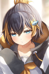  1girl black_hair black_jacket black_sailor_collar blonde_streaks blue_eyes commentary_request crossed_bangs fish_hair_ornament folded_ponytail hair_between_eyes hair_ornament highres hood hood_down hooded_jacket jacket jitome light_blush long_sleeves looking_at_viewer multicolored_hair neckerchief nijisanji nijisanji_en orange_neckerchief petra_gurin petra_gurin_(1st_costume) pout sailor_collar school_uniform serafuku shirt short_hair sleeves_past_fingers sleeves_past_wrists solo streaked_hair two-tone_hair upper_body v-shaped_eyebrows virtual_youtuber white_shirt yozu_(yozu0420) 