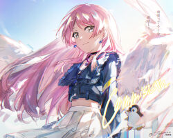  1girl angel_wings bang_dream! bang_dream!_it's_mygo!!!!! black_choker blue_jacket chihaya_anon chinese_commentary choker closed_mouth commentary_request commission crop_top grey_eyes highres jacket long_hair long_sleeves navel pen pink_hair skirt solo translation_request tumaomao violet_eyes white_skirt wings 