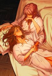  2girls absurdres bang_dream! bang_dream!_it's_mygo!!!!! bathrobe blue_eyes bracelet breasts brown_hair chihaya_anon hero45439083942 highres holding_hands jewelry large_breasts long_hair lying multiple_girls nagasaki_soyo pink_hair yuri 