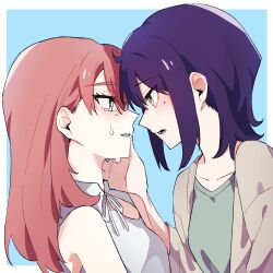  2girls ayatsumugi_roka bare_shoulders blush cho_kaguya-hime! collarbone commentary eye_contact face-to-face green_eyes grey_eyes hand_on_another's_cheek hand_on_another's_face long_hair looking_at_another medium_hair mole mole_under_eye multiple_girls one_eye_closed parted_lips profile purple_hair red_hair sakayori_iroha syunka_11 upper_body yuri 
