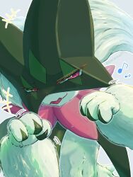  +++ blush commentary_request fangs fluffy green_mask happy highres hisuizoroa25 looking_at_viewer mask meowscarada musical_note no_humans open_mouth paw_pose pokemon pokemon_(creature) pokemon_focus red_eyes smile twitter_username 