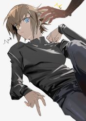  absurdres black_pants black_shirt blue_eyes brown_hair collared_shirt commentary_request duel_monster frown heterochromia highres male_focus orange_hair pants sake_ygo shirt short_hair spiky_hair white_background yu-gi-oh! yu-gi-oh!_gx yubel yuki_judai 