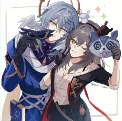  1boy 1girl absurdres black_gloves black_jacket black_skirt chinese_clothes commentary_request eiri_illust feathered_wings gloves grey_hair hair_between_eyes halo halo_behind_head head_wings highres holding holding_mask honkai:_star_rail honkai_(series) jacket long_hair mask medium_hair official_alternate_costume shirt simple_background skirt stelle_(honkai:_star_rail) stelle_(vim_and_vigor)_(honkai:_star_rail) sunday_(honkai:_star_rail) supplicant_mask trailblazer_(honkai:_star_rail) white_background white_shirt white_wings wings yellow_eyes 