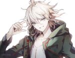  1boy bangs collarbone commentary_request dangan_ronpa finger_to_head green_eyes green_jacket hair_between_eyes hand_up hood hood_down hooded_jacket jacket komaeda_nagito koshika_rina long_sleeves looking_at_viewer male_focus messy_hair open_clothes open_jacket pointing pointing_at_self shirt short_hair simple_background smile solo super_dangan_ronpa_2 teeth upper_body white_background white_hair white_shirt 