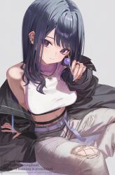  1girl belt black_jacket blue_hair breasts candy commentary esuma_gt fishnet_pantyhose fishnets food grey_background grey_nails highres jacket jewelry koshimizu_toru koshimizu_toru_(5th_costume) light_blush lollipop long_hair long_sleeves looking_at_viewer medium_breasts midriff mole mole_under_eye nail_polish navel navel_piercing necklace nijisanji pants pantyhose piercing ring simple_background single_bare_shoulder single_off_shoulder sitting solo tank_top torn_clothes torn_pants untranslatable_commentary violet_eyes virtual_youtuber white_tank_top 