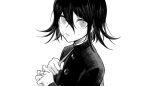  1boy alternate_costume bandaid bandaid_on_face bandaid_on_finger bangs dangan_ronpa gakuran greyscale holding_strap jacket kunguojiang long_sleeves looking_at_viewer male_focus monochrome new_dangan_ronpa_v3 open_mouth ouma_kokichi school_uniform short_hair solo sweatdrop 