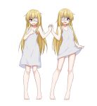  2girls :d bangs bare_arms bare_legs bare_shoulders barefoot black_souls blonde_hair blue_eyes breasts dress dress_lift eyebrows_visible_through_hair eyepatch full_body hair_between_eyes highres holding_hands interlocked_fingers legs_apart lifted_by_self long_hair multiple_girls open_mouth red_eyes ribbonsnek sidelocks small_breasts smile standing teeth transparent_background tweedle_dee_(black_souls) tweedle_dum_(black_souls) very_long_hair white_dress 
