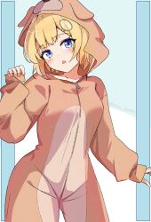  1girl absurdres alternate_costume animal_costume blonde_hair blue_eyes blush dog_costume ee-zy english_commentary fang highres hololive hololive_english looking_at_viewer open_mouth short_hair skin_fang solo virtual_youtuber watson_amelia 