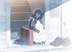  1girl apron black_cat black_shoes braid broken_umbrella cat choq3 closed_eyes commentary embroidered_dress fanged_bangs frilled_hat frills hair_intakes hat highres hololive hololive_english hugging_own_legs low_twin_braids maid mob_cap official_alternate_hairstyle open_mouth ouro_kronii ouro_kronii_(maid) rain shoes sitting sleeping stairs suitcase twin_braids twitter_username umbrella victorian_maid virtual_youtuber white_apron 