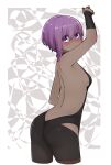  1girl arm_up ass backless_outfit bangs bare_back bare_shoulders black_leotard blush breasts cropped_legs dark_skin eyebrows_visible_through_hair fate/prototype fate/prototype:_fragments_of_blue_and_silver fate_(series) from_behind hair_between_eyes hassan_of_serenity_(fate) highres i.u.y leotard looking_at_viewer looking_back nose_blush parted_lips purple_hair small_breasts solo violet_eyes 