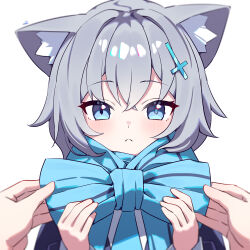  1girl 1other absurdres animal_ear_fluff animal_ears blue_archive blue_eyes blue_scarf blush commentary cross cross_hair_ornament grey_hair hair_ornament highres inverted_cross mismatched_pupils scarf shanqianqian_377 shiroko_(blue_archive) shiroko_(young)_(blue_archive) short_hair simple_background upper_body white_background wolf_ears wolf_girl 