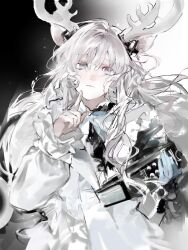  1girl animal_ears antlers arknights book chinese_commentary closed_mouth commentary_request deer_antlers deer_ears deer_girl finger_to_cheek grey_eyes hair_between_eyes highres holding holding_book horn_ornament horn_ring horns index_finger_raised long_hair long_sleeves looking_at_viewer mosheng_de_lin_ren reindeer_antlers reindeer_girl sami_deer_girl_(arknights) solo upper_body white_hair 