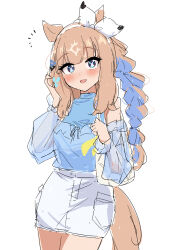  1girl absurdres almond_eye_(umamusume) alternate_hairstyle animal_ears blue_eyes blue_hair braid braided_ponytail brown_hair commentary_request detached_sleeves gryebooks hairband highres horse_ears horse_girl horse_tail long_hair looking_at_viewer multicolored_hair open_mouth see-through_clothes see-through_sleeves shorts simple_background sketch smile solo sparkling_eyes standing tail two-tone_hair umamusume white_background white_hairband white_shorts 