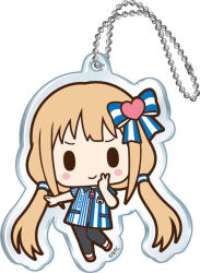  1girl black_eyes black_pants blonde_hair blue_bow blue_shirt blush_stickers bow charm_(object) chibi closed_mouth collared_shirt copyright_logo copyright_notice employee_uniform full_body futaba_anzu hair_bow hair_ornament heart heart_hair_ornament idolmaster logo long_hair low_twintails official_art orange_shoes pants shirt shoes short_sleeves simple_background smile solid_oval_eyes solo standing standing_on_one_leg striped_bow striped_clothes striped_shirt twintails v vertical-striped_clothes vertical-striped_shirt white_background white_bow white_shirt 