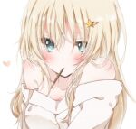  1girl bangs bare_shoulders blonde_hair blue_eyes blush eyebrows_visible_through_hair food hiro_(hirohiro31) long_hair looking_at_viewer mouth_hold off-shoulder_sweater off_shoulder original pocky solo sweater upper_body white_background 