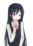  1girl asashio_(kantai_collection) bangs belt black_belt black_dress black_hair blush dress kantai_collection long_hair long_sleeves neck_ribbon parted_lips pinafore_dress red_ribbon ribbon shirt simple_background solo spica1476 upper_body white_background white_shirt 