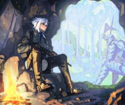  1boy 1girl absurdres assault_rifle bendit blue_eyes boots campfire cave_interior cloak drying drying_clothes elena_deheart_woo_(bendit) forest gloves gun halberd helmet highres holding holding_polearm holding_weapon horns nature night_vision_device original polearm rain rifle single_horn taking_shelter turtleneck weapon wet white_hair 