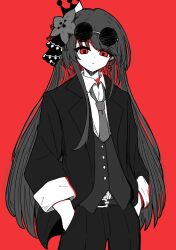  1girl belt collared_shirt crown eyewear_on_head flower hair_flower hair_ornament hands_in_pockets highres jacket long_hair mahou_shoujo_no_majo_saiban mini_crown monochrome necktie nikaido_hiro open_clothes open_jacket pants red_background red_eyes round_eyewear shirt solo spot_color sunglasses ta9ton vest 
