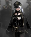  1girl absurdres bangs black_gloves black_headwear black_neckwear black_skirt blurry blurry_background cape closed_mouth collar collared_shirt frown gloves gogalking grey_eyes grey_hair hair_between_eyes hat highres long_hair long_sleeves looking_at_viewer military military_hat military_uniform necktie open_clothes original portia_(gogalking) sheath sheathed shirt sidelocks skirt solo_focus standing sword twintails uniform weapon 
