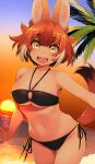  1girl :d animal_ear_fluff animal_ears bangs bare_shoulders beach bikini black_bikini breasts brown_hair clouds collarbone commentary dated day dhole_(kemono_friends) dog_ears dutch_angle extra_ears eyebrows_visible_through_hair fang happa_(cloverppd) highres kemono_friends large_breasts looking_at_viewer multicolored_hair navel ocean open_mouth outdoors palm_tree short_hair side-tie_bikini signature smile solo sun sunset swimsuit tail thigh_gap tree two-tone_hair white_hair yellow_eyes 