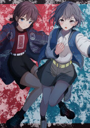  2girls absurdres bang_dream! bang_dream!_it's_mygo!!!!! belt black_boots black_shorts blue_eyes boots commentary girls_band_cry green_eyes grey_eyes highres iseri_nina jacket looking_at_viewer midori_(bangdreamgh) multiple_girls open_mouth red_hair red_shirt shirt short_hair shorts takamatsu_tomori thigh-highs untranslatable_commentary vest white_shirt 