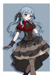  1girl bang_dream! bang_dream!_it's_mygo!!!!! black_boots black_gloves black_skirt black_thighhighs blue_hair boots corset dress gloves highres jewelry jiwon_(sj1) long_hair looking_at_viewer necklace oblivionis_(bang_dream!) red_eyes simple_background skirt smile solo thigh-highs togawa_sakiko 