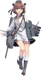  1girl binoculars brown_eyes brown_hair dress flower flower_ornament full_body grey_neckwear hair_flower hair_ornament kantai_collection kneehighs machinery official_art open_mouth pleated_skirt remodel_(kantai_collection) sailor_dress shizuma_yoshinori short_hair skirt smile torpedo_launcher torpedo_tubes transparent_background turret yukikaze_(kantai_collection) 