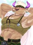  1boy abs animal_ears armpit_hair armpits bara boxers bulge chest chest_hair coat coat_removed cow_boy cow_ears cow_horns doctor facial_hair furry goatee green_tank_top gumiten highres horns labcoat male_focus manly midriff_peek muscle navel one_eye_closed open_pants pants purple_horns shennong_(tokyo_afterschool_summoners) short_hair sideburns solo stethoscope tank_top tokyo_houkago_summoners underwear undressing violet_eyes white_hair 