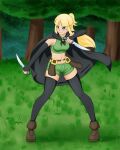  1girl artist_name bag battle_pose belt black_cape black_gloves blonde_hair blue_eyes blush boots breasts cape crop_top crystal_story crystal_story_ii dagger female_focus fighting_stance fingerless_gloves forest gloves green_clothes half_updo jewelry leg_wraps lina_(crystal_story) medium_breasts midriff mythro navel pendant ponytail satchel shorts smile thief thighs 