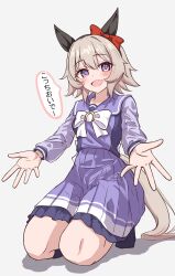  1girl absurdres animal_ears back_bow blush bow bowtie breasts commentary_request curren_chan_(umamusume) ear_bow ear_covers gloves grey_hair hair_between_eyes highres horse_ears horse_girl horse_tail horseshoe_ornament kneeling large_bow long_sleeves looking_at_viewer open_hands open_mouth pleated_skirt purple_shirt purple_skirt red_bow school_uniform shirt short_hair simple_background skirt smile solo tail tofu_thunder tracen_school_uniform umamusume violet_eyes white_bow white_bowtie winter_uniform 