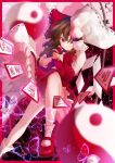  1girl absurdres arm_up ascot blurry blurry_background blurry_foreground bow brown_hair bug butterfly calpis118 closed_mouth detached_sleeves foot_out_of_frame frilled_bow frilled_skirt frills hair_bow hair_over_one_eye hakurei_reimu highres looking_at_viewer mary_janes medium_hair ofuda orb red_background red_bow red_eyes red_footwear red_ribbon red_shirt red_skirt red_theme ribbon ribbon-trimmed_sleeves ribbon_trim sarashi shirt shoes skirt sleeveless sleeveless_shirt socks solo touhou white_legwear yellow_ascot yin_yang yin_yang_orb 