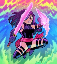  1girl abstract_background asymmetrical_dual_wielding colorful_background dagger dan_hipp dual_wielding dynamic_pose energy_blade energy_dagger gloves halter_leotard halterneck highleg highleg_leotard holding holding_dagger holding_knife holding_sword holding_weapon knife leotard long_hair marvel marvel_snap official_art psylocke purple_hair purple_leotard red_sash sash solo superhero_costume sword waist_sash weapon x-men 