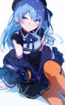  1girl absurdres arm_support belt beret blue_eyes blue_hair blue_ribbon blush closed_mouth coat commentary_request hat highres hololive hoshimachi_suisei knee_up lace-trimmed_sleeves lace_trim long_hair looking_to_the_side off-shoulder_coat orange_legwear pantyhose ribbon short_sleeves side_ponytail simple_background solo thighs tsurime wavy_hair white_background winter_clothes winter_coat xiaowei_(xxx29042536) 