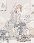  1girl animal_ears bed cat_ears closed_eyes cup dated eokaku_surimi grey_hoodie grey_legwear highres hood hoodie original pants signature slippers socks solo 