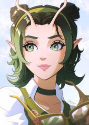  1girl alien antennae choker collarbone collared_shirt commentary double_bun eyelashes freckles glasses gradient_hair green_choker green_eyes green_hair green_nails green_vest guardians_of_the_galaxy hair_bun highres holding holding_removed_eyewear looking_to_the_side mantis_(marvel) marvel marvel_rivals matt_mendoza medium_hair multicolored_hair parted_bangs pink_lips pointy_ears portrait shirt sweater_vest two-tone_hair unworn_eyewear vest white_shirt wing_collar yellow-framed_eyewear 