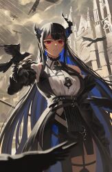  1girl absurdres asymmetrical_horns bird black_bow black_bowtie black_gloves black_hair black_skirt black_thighhighs black_vest blue_hair bow bowtie breast_strap breasts castle closed_mouth clothing_cutout collared_shirt colored_inner_hair commentary crow dress_shirt feather-trimmed_sleeves flower flower_knot garter_straps gloves hair_ornament hechium highres hololive hololive_english horn_flower horns large_breasts long_hair long_sleeves looking_at_viewer miniskirt mole mole_under_eye multicolored_hair nerissa_ravencroft nerissa_ravencroft_(1st_costume) outdoors pencil_skirt red_eyes ribbed_shirt shirt shoulder_cutout side_slit sidelocks skirt slit_pupils solo standing straight_hair tassel tassel_hair_ornament thigh-highs thigh_strap uneven_horns very_long_hair vest virtual_youtuber white_shirt 