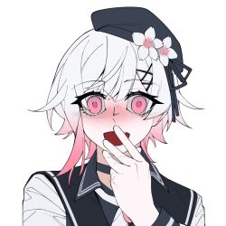  1girl beret black_choker black_coat black_hat blush choker coat collared_coat fang flower gradient_hair hair_flower hair_ornament hand_up hat hat_flower hat_ribbon highres looking_at_viewer mahou_shoujo_no_majo_saiban multicolored_hair neck_ribbon open_mouth pink_eyes pink_hair portrait ribbon sakuraba_ema shirt short_hair shouzuo simple_background sleeveless sleeveless_coat solo upper_body white_background white_flower white_hair white_shirt x_hair_ornament 