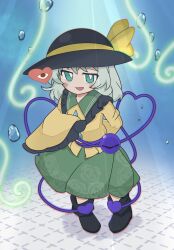  1girl air_bubble arm_behind_back black_boots black_hat blush boots bow bright_pupils bubble buttons collared_shirt commentary_request diamond_button disembodied_linked_eye eyeball floral_print frilled_shirt_collar frilled_sleeves frills full_body green_eyes green_hair green_skirt hat hat_bow heart heart_of_string highres koishi_day komeiji_koishi long_sleeves looking_at_viewer open_mouth print_skirt purabird0370 rose_print shirt skirt sleeves_past_fingers sleeves_past_wrists smile solo touhou underwater white_pupils wide_sleeves yellow_bow yellow_shirt 