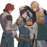  1girl 3boys :d armor belt blonde_hair blue_eyes blue_jacket braid brown_belt brown_gloves cape commentary_request confetti crown dimitri_alexandre_blaiddyd eyepatch felix_hugo_fraldarius fire_emblem fire_emblem:_three_houses french_braid from_behind fur-trimmed_cape fur_trim gloves green_cape green_ribbon grin hair_ribbon hand_on_hip happy_birthday highres holding holding_plate ingrid_brandl_galatea jacket multiple_boys open_mouth owl_taro party_popper pauldrons plate redhead ribbon short_hair shoulder_armor simple_background smile sunny_side_up_egg sylvain_jose_gautier white_background 